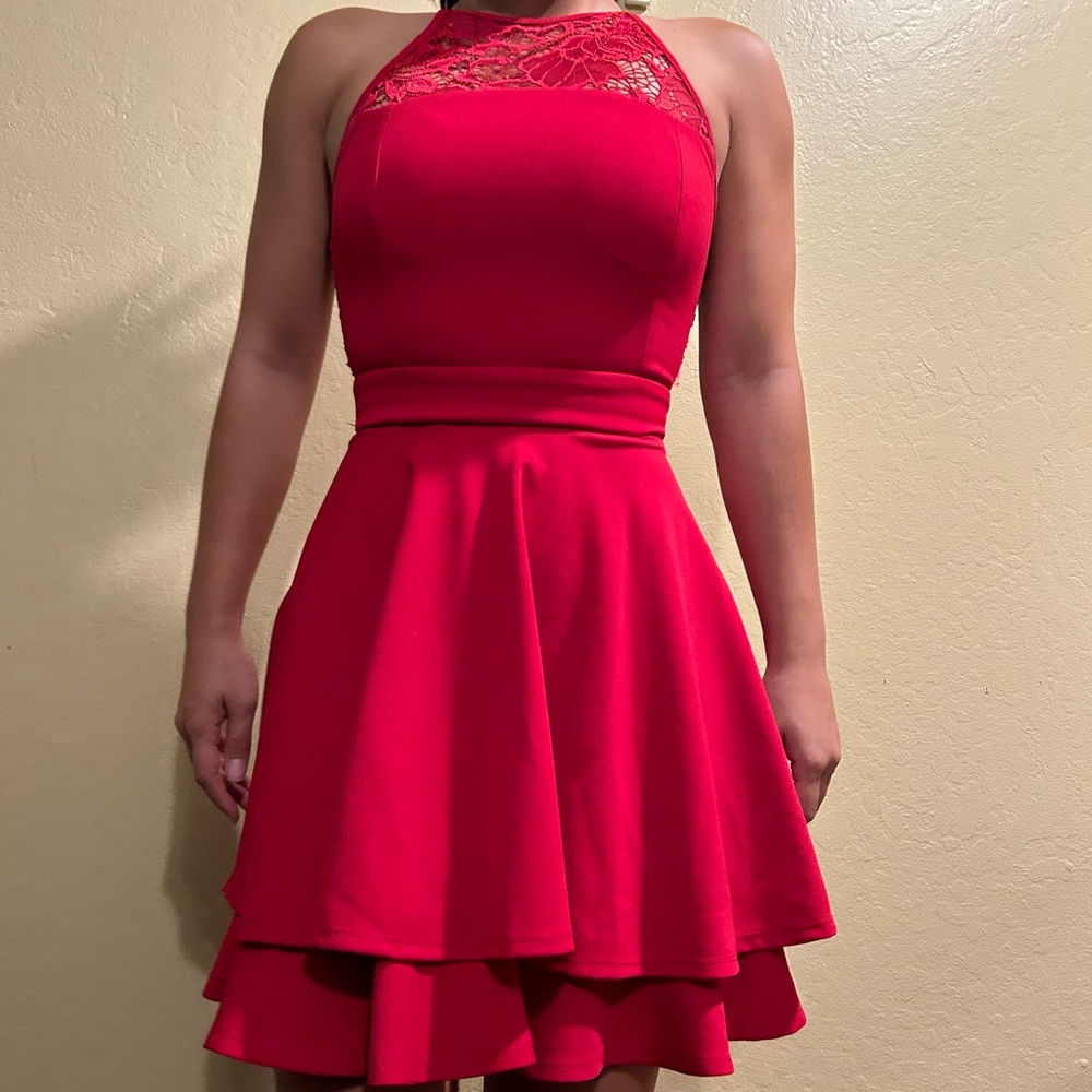 Red homecoming dress lace detail. Brand: Macy’s. Low price for homecoming dress!